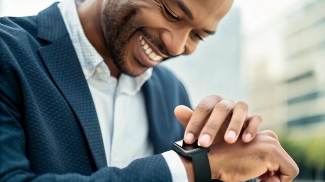 Smiling businessman checking smartwatch wrist urban environment wearable technology suit accessory, joyful confident glance smartwatch while walking