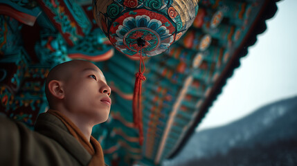 Obraz premium A contemplative Buddhist monk observes the vibrant details of a traditional Korean temple roof during Seollal Festival in South Korea, reflecting on the tranquil beauty