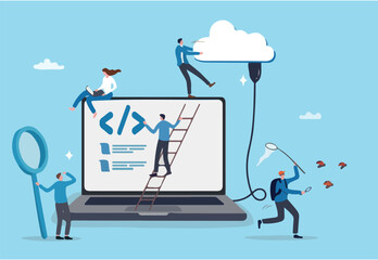 Software development, coding team, programming frontend backend framework, debugging algorithm, testing or deployment concept, young people software engineer working with online cloud computer laptop
