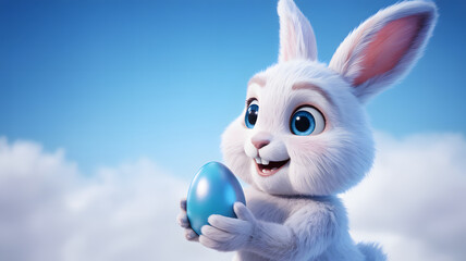Cute fluffy white easter bunny holding a blue egg against sky