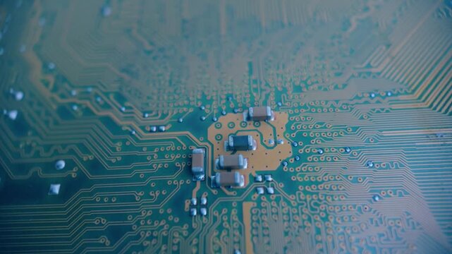 Close-up rotating shot of electronic circuitry highlighting micro traces, component pads and detailed PCB structure for hardware, engineering and tech content