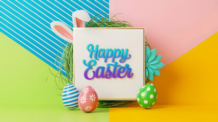Happy easter greeting card with colorful eggs and bunny ears