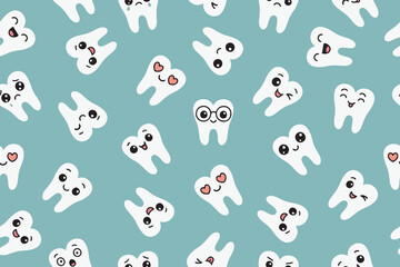A seamless pattern with various cute and cheerful kawaii teeth. Perfect for dental themes, children's decor, or playful designs.
