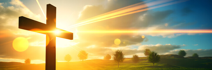 Cross silhouette against a vibrant sunrise with lens flare