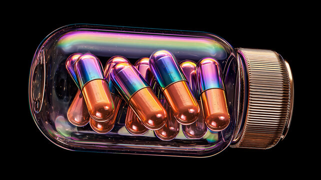 A glass container filled with glossy capsules representing pharmaceutical innovation product development and the concept of advanced wellness.
