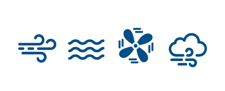 A collection of four blue line art icons represents weather phenomena and technology, including wind, waves, a fan, and a cloud with wind.