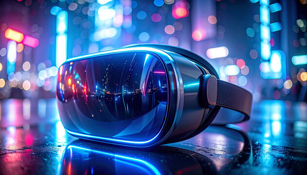 Virtual Reality Goggles at Night: A futuristic virtual reality headset glows with neon lights, set against a blurred night city, highlighting technology and immersion. - Powered by Adobe