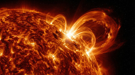 Dramatic solar flare and coronal mass ejection on the Sun's surface. High-detailed space illustration of powerful magnetic plasma loops and intense radiation arcs