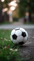 Fototapeta premium Soccer ball resting on grass beside pavement, outdoor sports equipment, natural light, calm atmosphere, shallow depth of field