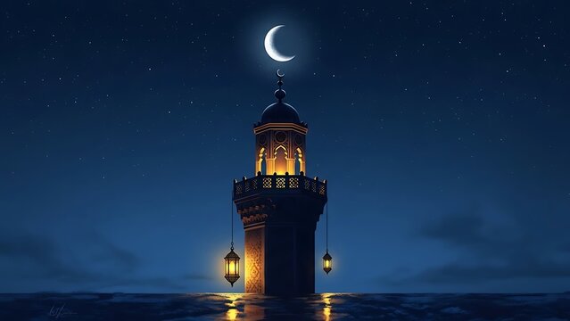 Minaret silhouette under crescent moon and starry night sky