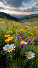 Obraz premium Colorful flower field with distant mountains, wild daisies, yellow and purple blossoms, green grass, and dramatic sunset sky
