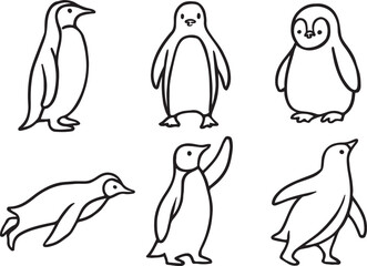 Obraz premium Outline Illustrations of Penguins Standing, Swimming, and Waving