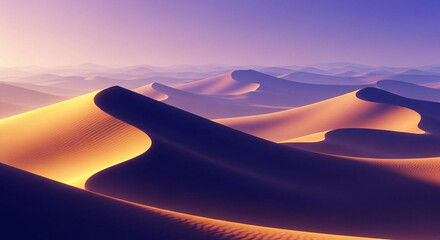 Golden sand dunes under a purple sky a desert landscape with rolling hills perfect for travel and nature photography