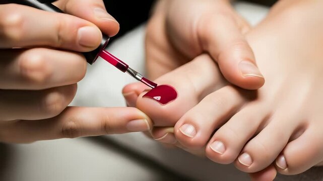 A person applying red nail polish to their toenails with a brush