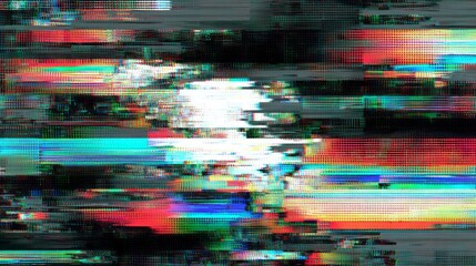 Digital screen distortion manifests as vibrant horizontal noise and chromatic aberration across the frame
