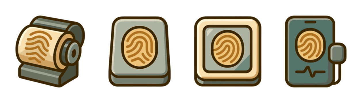 Fingerprint devices cartoon icons set, scanners sensors and capture