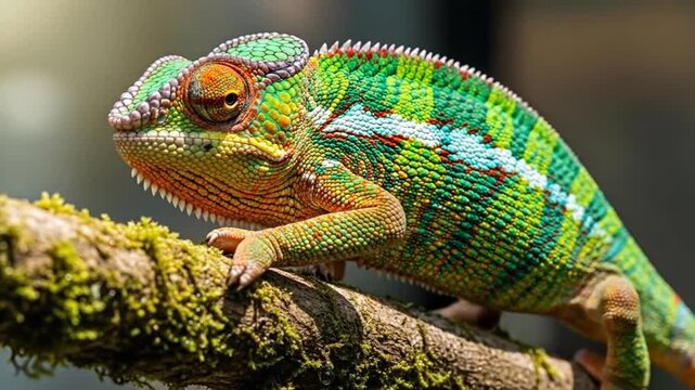 Exotic chameleon resting on a mossy branch basking in sunlight with vibrant skin colors and