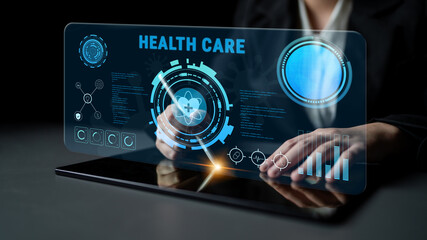 Digital health care technology and medical data dashboard concept. An interface for patient information, diagnostics, and monitoring health records. Motif