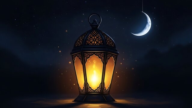 Illuminated traditional lantern under crescent moon at night