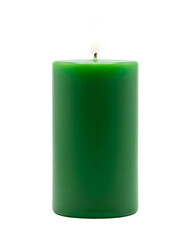 A green burning Christmas candle isolated on white or transparent background