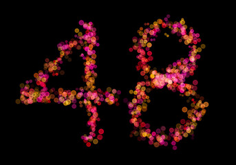 Number forty-eight, 48 made with multicolored bokeh lights effect, Bokeh on black background, Digit, Blur, Glitter, Defocused, Seamless polka dot pattern, Illustration design