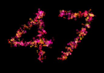 Number forty-seven, 47 made with multicolored bokeh lights effect, Bokeh on black background, Digit, Blur, Glitter, Defocused, Seamless polka dot pattern, Illustration design