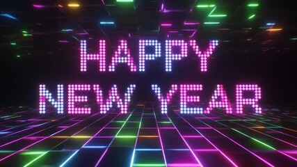 "Happy New Year" message displayed with bright, colorful pixelated lights over a grid pattern background. - Powered by Adobe