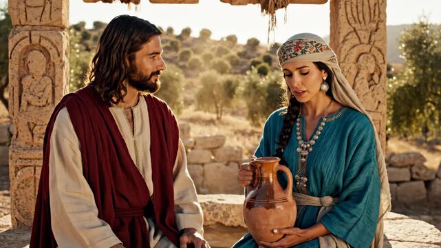Holy Bible scene featuring Jesus Christ with woman at well. Holy Bible imagery showcases biblical narrative, including sacred figures in historical attire.