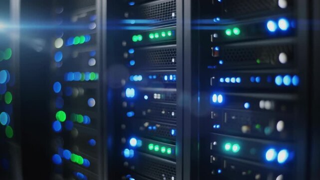 Close-up of active server racks with blinking blue and green lights in a modern data center.