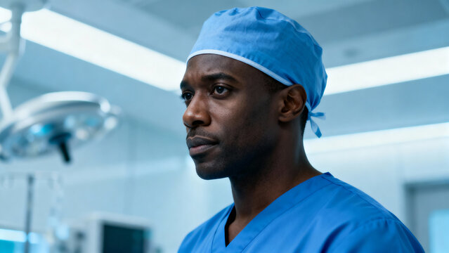 Young Black Surgeon Headshot in Blue Scrubs — Operating Room, Recruitment