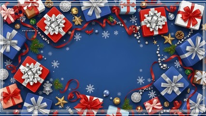A festive framed illustration for a holiday celebration. A bustling top-down scene of red ribbons, white snowflakes, and assorted gifts scattered on a rich blue background. The mood is joyful and abun