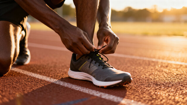 Golden-hour backlit close-up of African American male runner kneeling tying running shoe on red track — pre-run routine hero for fitness app