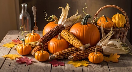 Autumn harvest still life with pumpkins corn and basket on wooden table