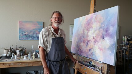 Artist creates colorful cloud landscape in a bright studio setting during daytime