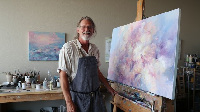 Artist creates colorful cloud landscape in a bright studio setting during daytime