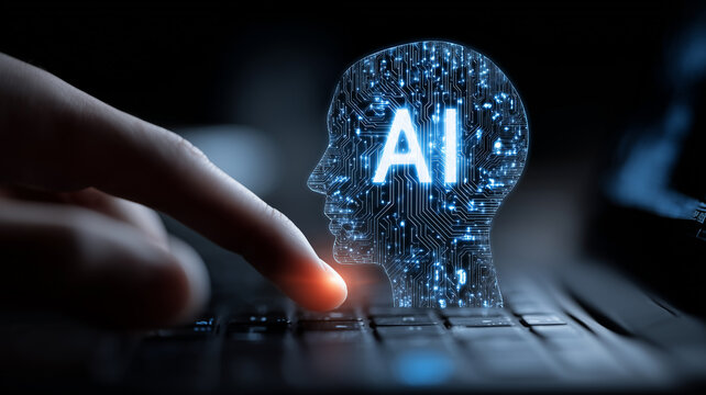 A human finger touching an AI shaped head made of circuitry, representing artificial intelligence, digital cognition, and advanced computational thinking.
