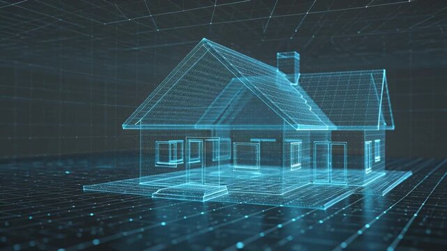 Digital blueprint of a house with a chimney and windows on a grid, illuminated in blue tones