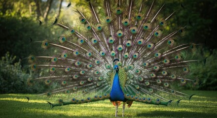 Obraz premium Peacock with vibrant display in a lush garden setting