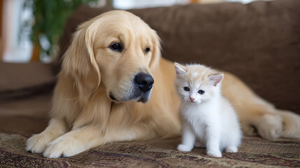 Naklejka na ściany i meble Golden Retriever dog with kitten sitting together on sofa at home