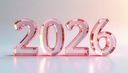 Glassy pink transparent numbers forming the year two thousand and twenty six on a reflective surface