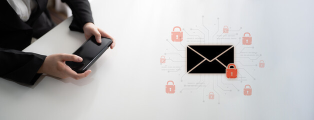 Concept of email security and cybersecurity for confidential communication. Message encryption ensures data privacy and protection from unauthorized access, spam, or phishing threats. Fermion