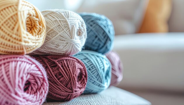 Close Up Stacked Colorful Yarn Balls in Pastel Colors Macro Still. Ai Generated Images