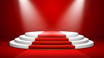 Obraz premium Elegant red carpet on white tiered stage with spotlight background