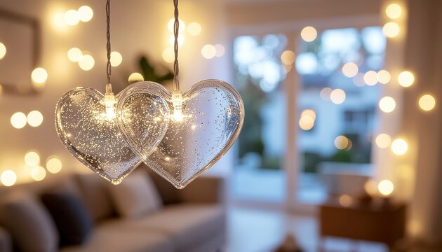 Warm Romantic Heart Shaped String Lights Decoration in Cozy Living Room. Ai Generated Images