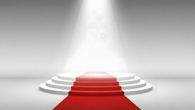 Red carpet on white podium under spotlight for award ceremony or presentation - Powered by Adobe