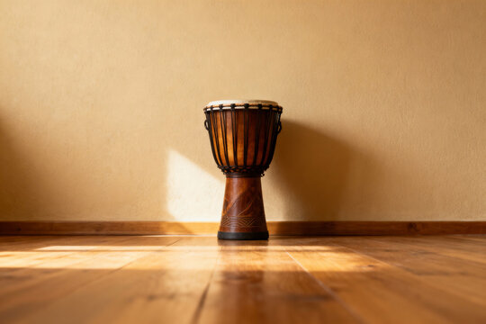 Minimalist Warm Brown Wooden Djembe on Polished Hardwood Floor — Natural Light, Copy Space for Drum Workshop, Drum Circle & World Music Festival