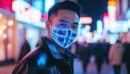 Stylish Young Man Wearing Glowing Face Covering at Night Cityscape. Ai Generated Images
