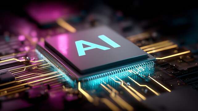 An AI processor glowing at the center of a circuit board, representing intelligent computing power, innovation and the accelerating progress of artificial systems.