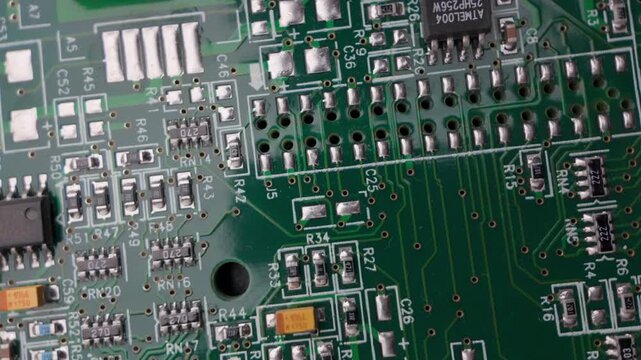 Macro rotating view of a green circuit board with chips, capacitors and soldered components, showing detailed electronic and hardware engineering structure