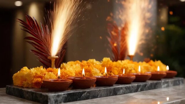 4k luxurious Diwali ceremonial display arranged on a polished reflective surface, captured in a centered, symmetrical medium-wide shot. The entire foreground is sharp, crisp, and hy